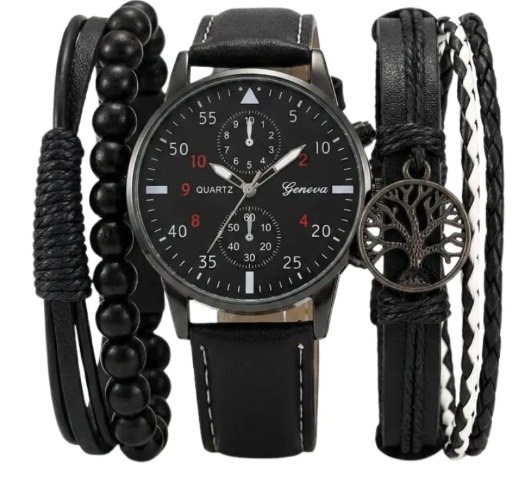 Set Reloj Analogico Caballero Pulseras Semi Cuero Ajustable
