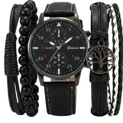 Set Reloj Analogico Caballero Pulseras Semi Cuero Ajustable
